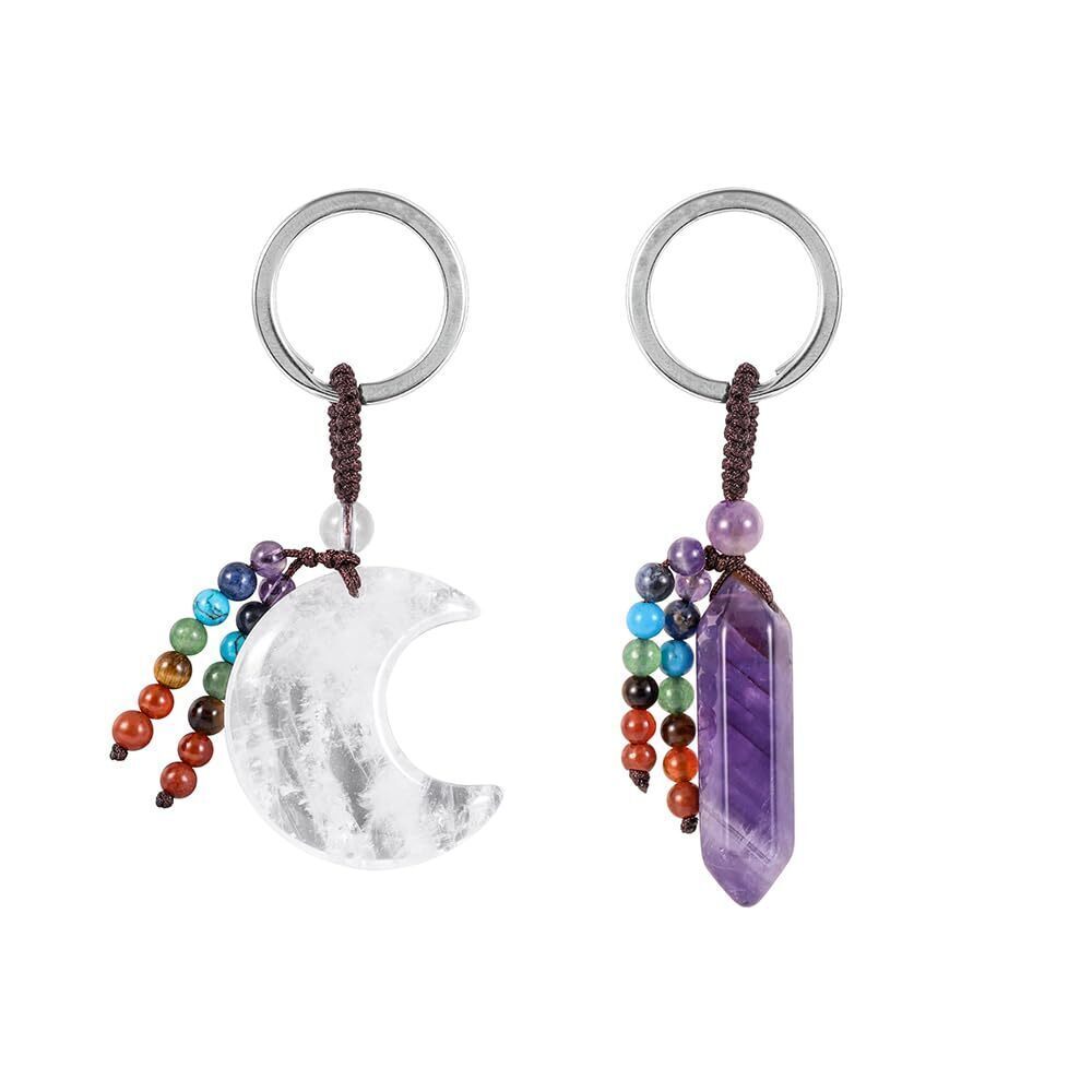 4090 Natural Rock Quartz Crystal Crescent Moon Keychain & Reiki Healing
